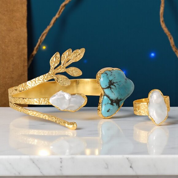 🆕️Boho Artisan Jewelry Set 18K Gold Plated Genuine Turquoise Baroque Pearls - Picture 1 of 13